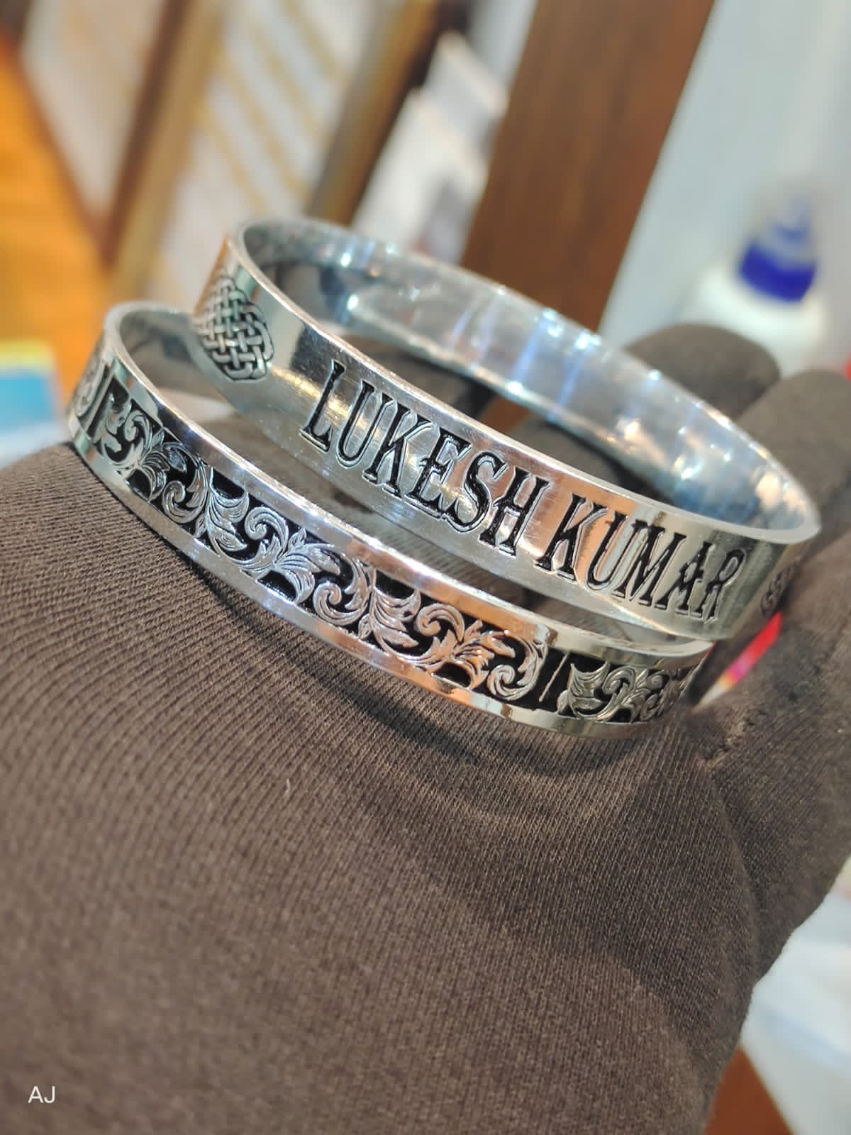 Personalized Silver Kada with Name Engraving & Floral Design