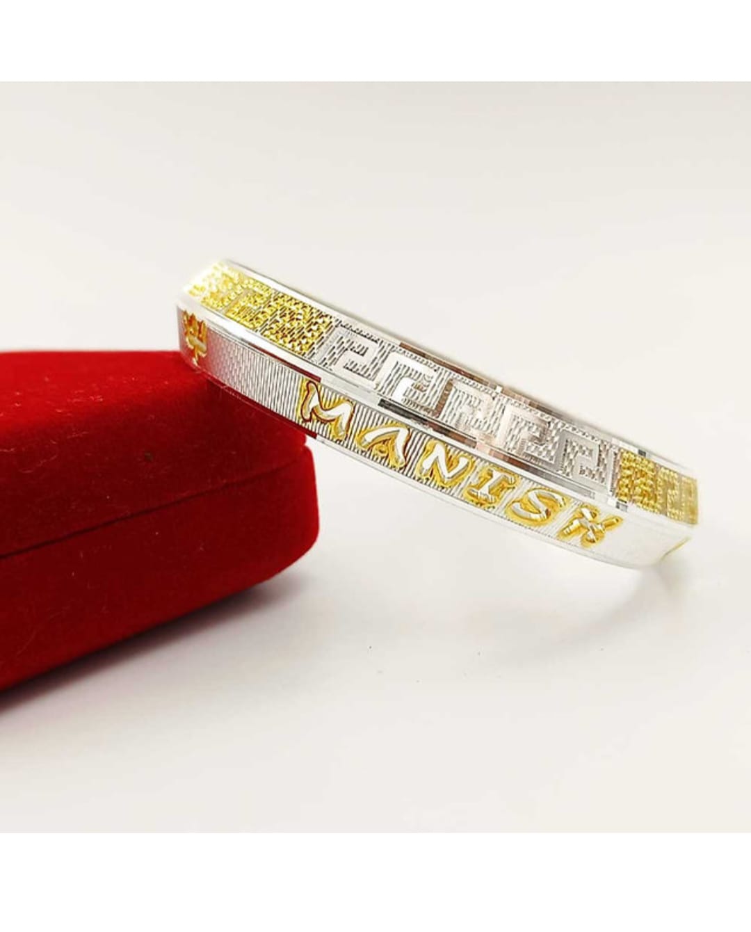 Personalized Two-Tone Silver Kada Bracelet – Name/Symbol Engraved Design