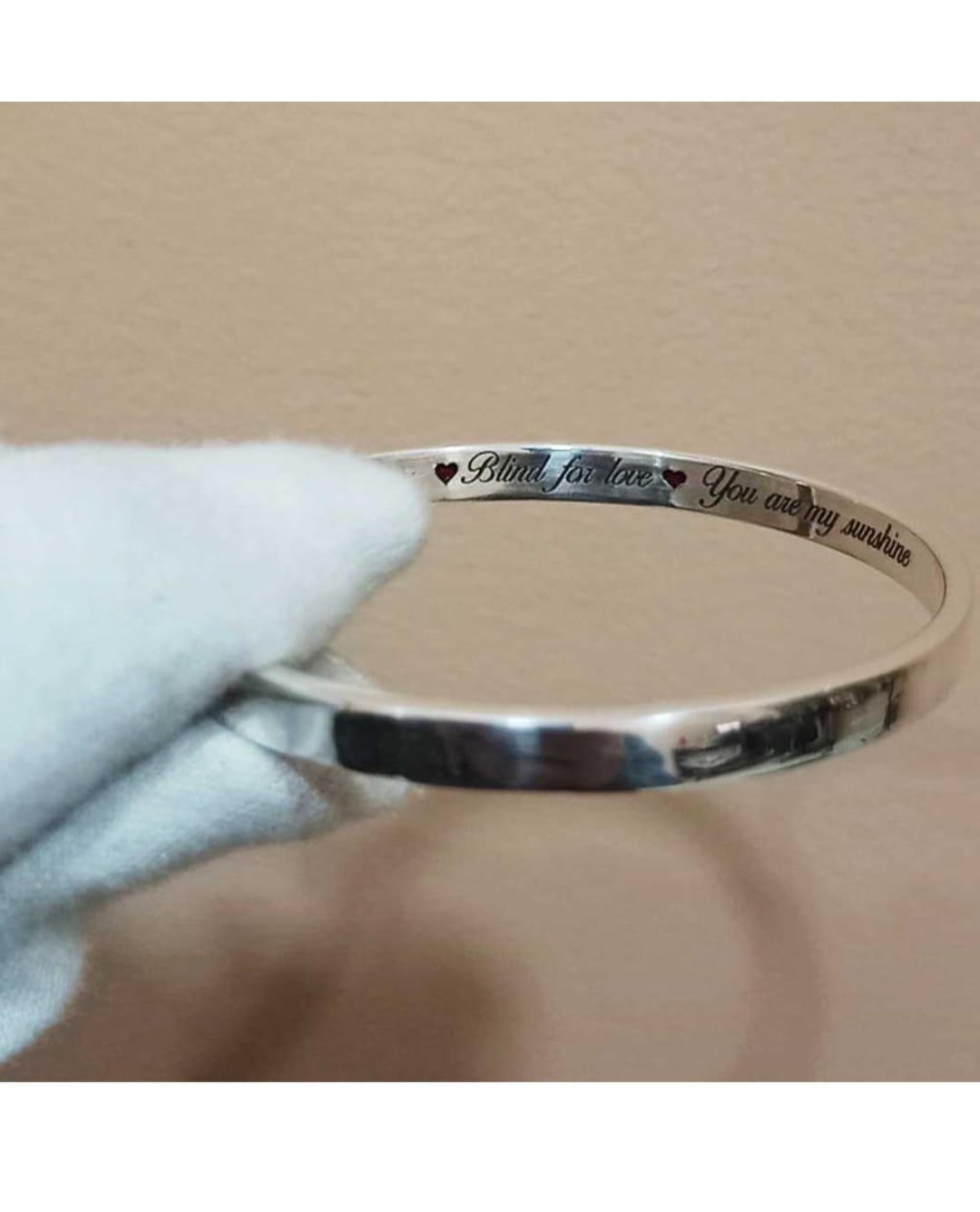 Engraved Silver Bracelet/Kada – “Blind for Love, You Are My Sunshine”