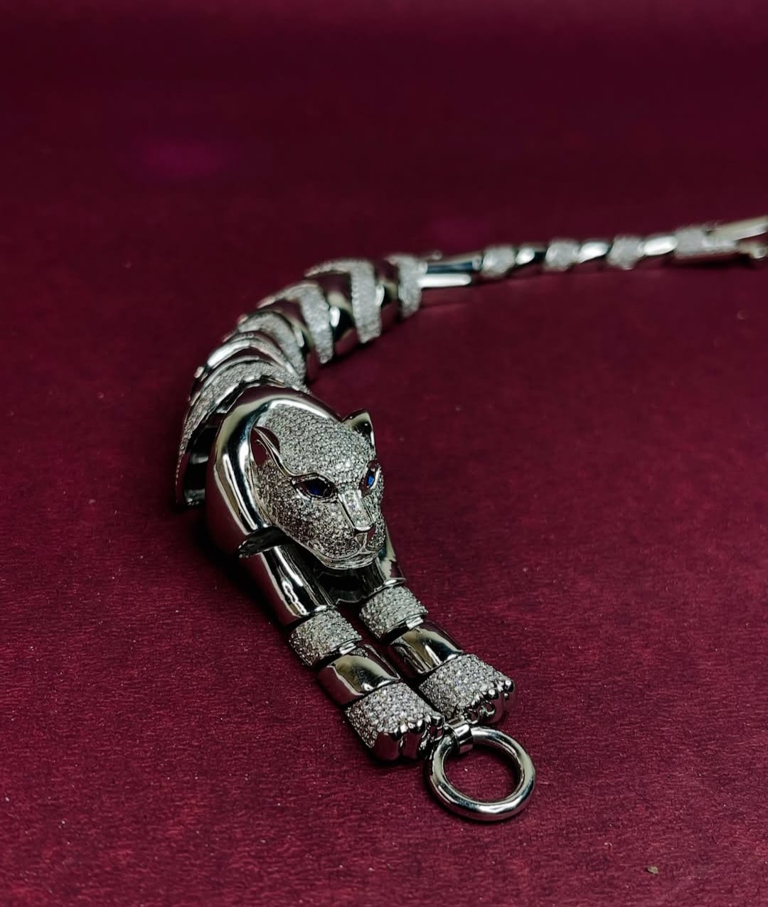 Silver Panther Italian stone Pewmium Bracelet with Blue Eyes Dazzling Diamond