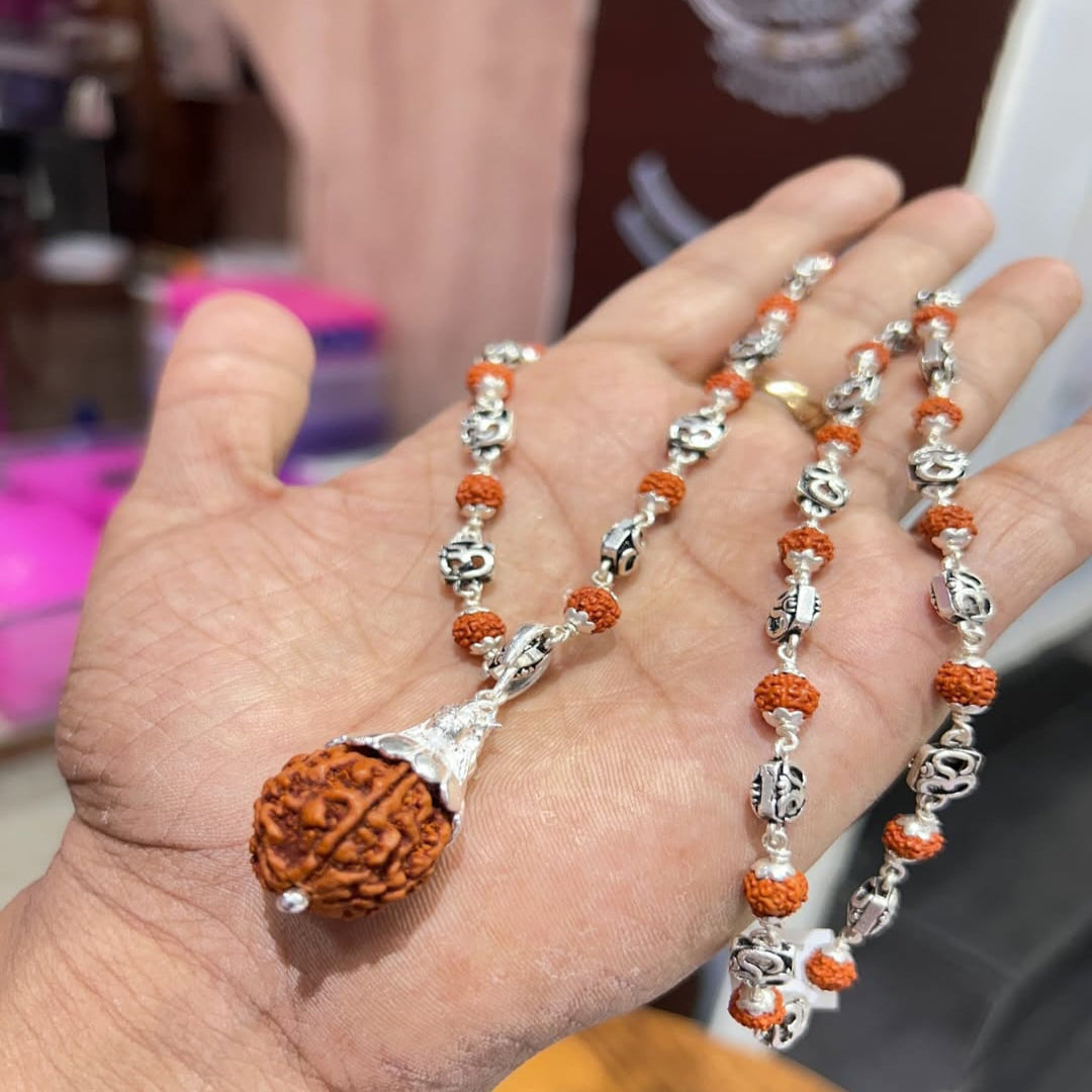 Sacred Pure 925 Silver Rudraksha Mala with Pure Om Beads