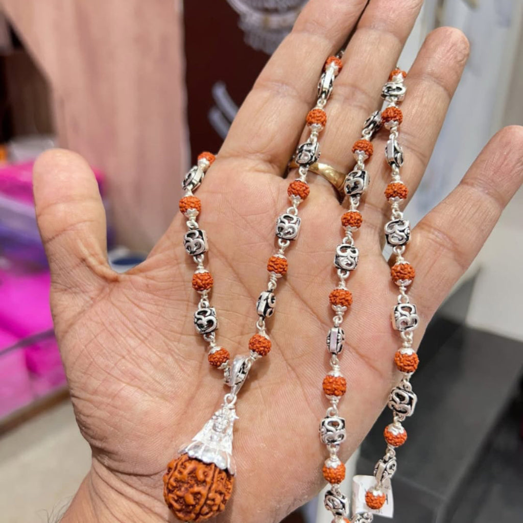 Sacred Pure 925 Silver Rudraksha Mala with Pure Om Beads