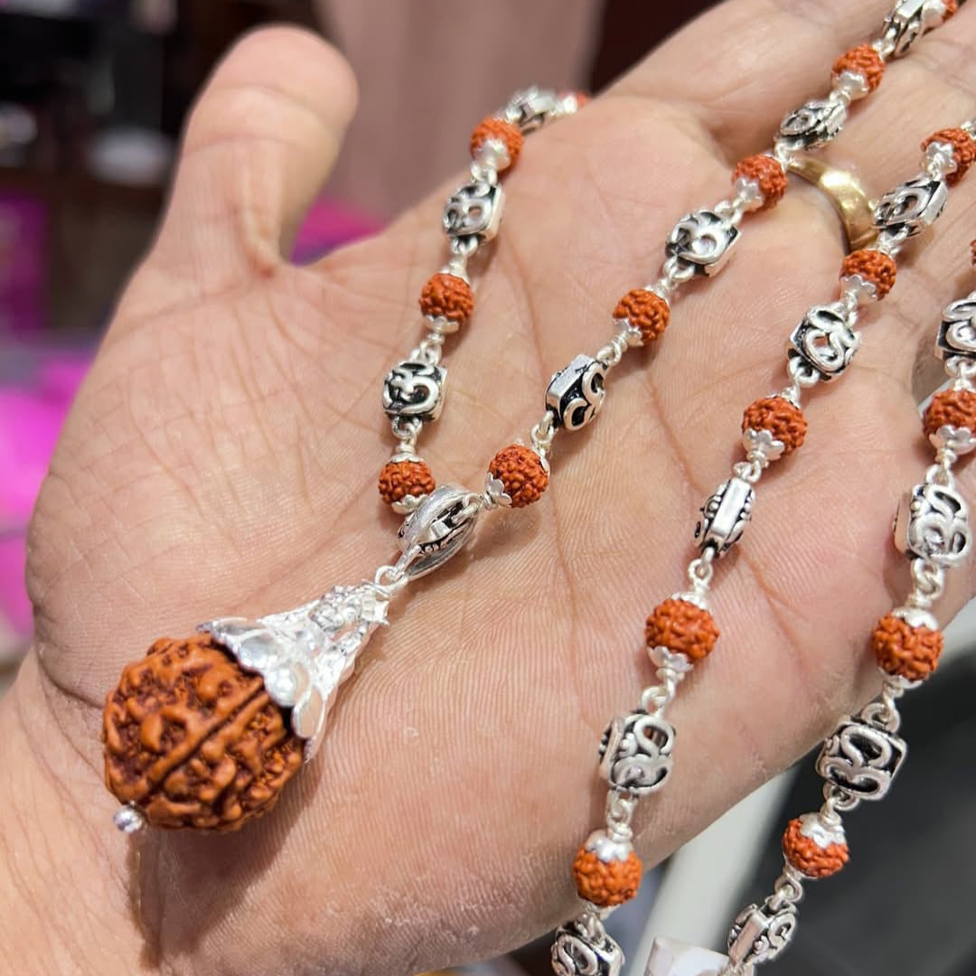 Sacred Pure 925 Silver Rudraksha Mala with Pure Om Beads